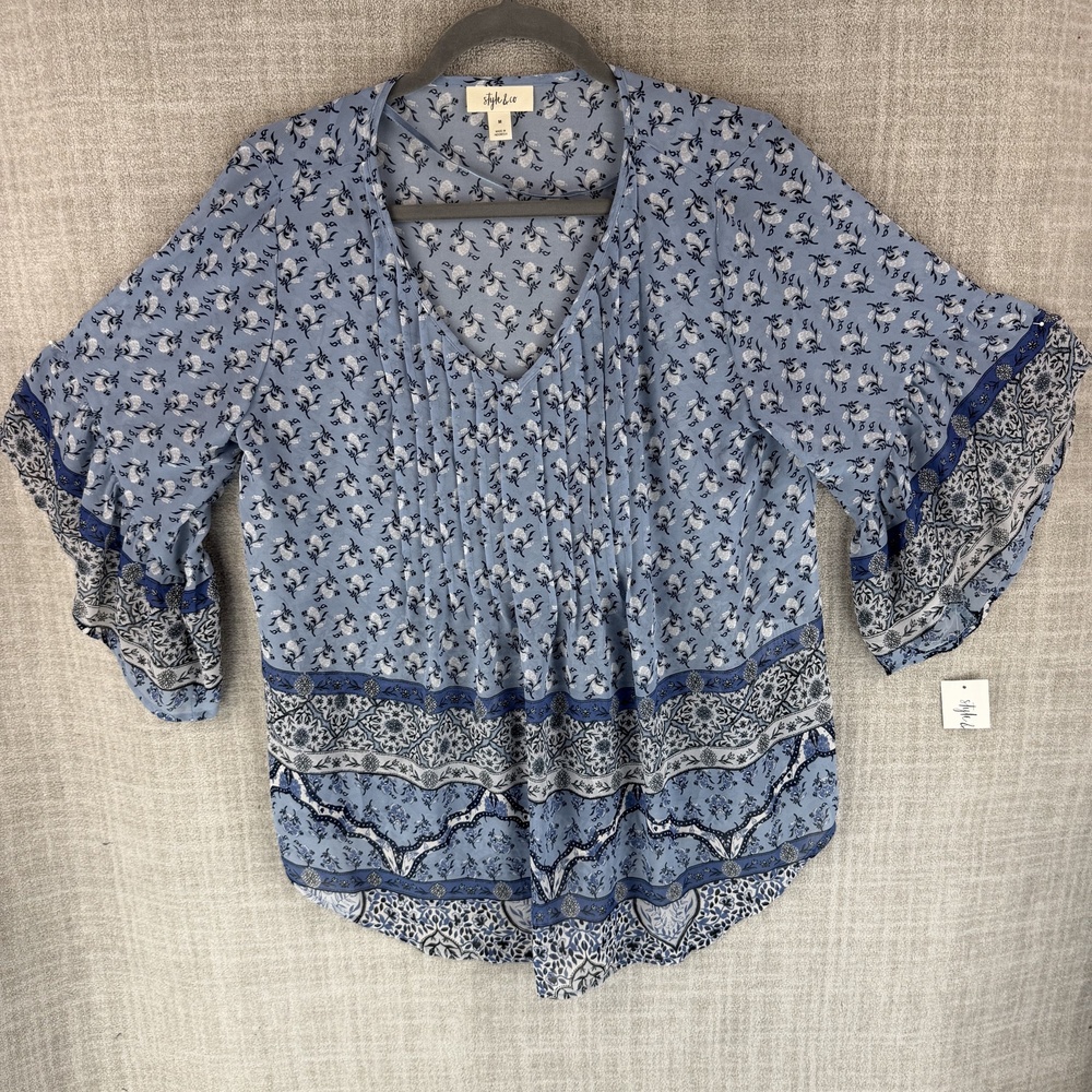 Style & Co. Blouse Womens M Blue Tunic V-Neck Flared 3/4 Sleeve Pleated Hawaiian